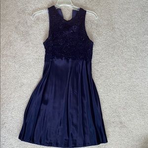 Silk navy blue dress with lace detailing